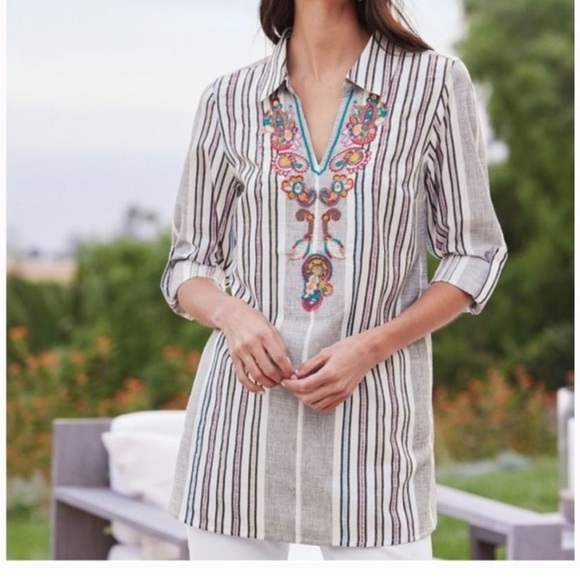 Soft Surroundings Tops - Soft Surroundings Brookhaven Aruba Striped Tunic Vibrant Embroidery, size Large